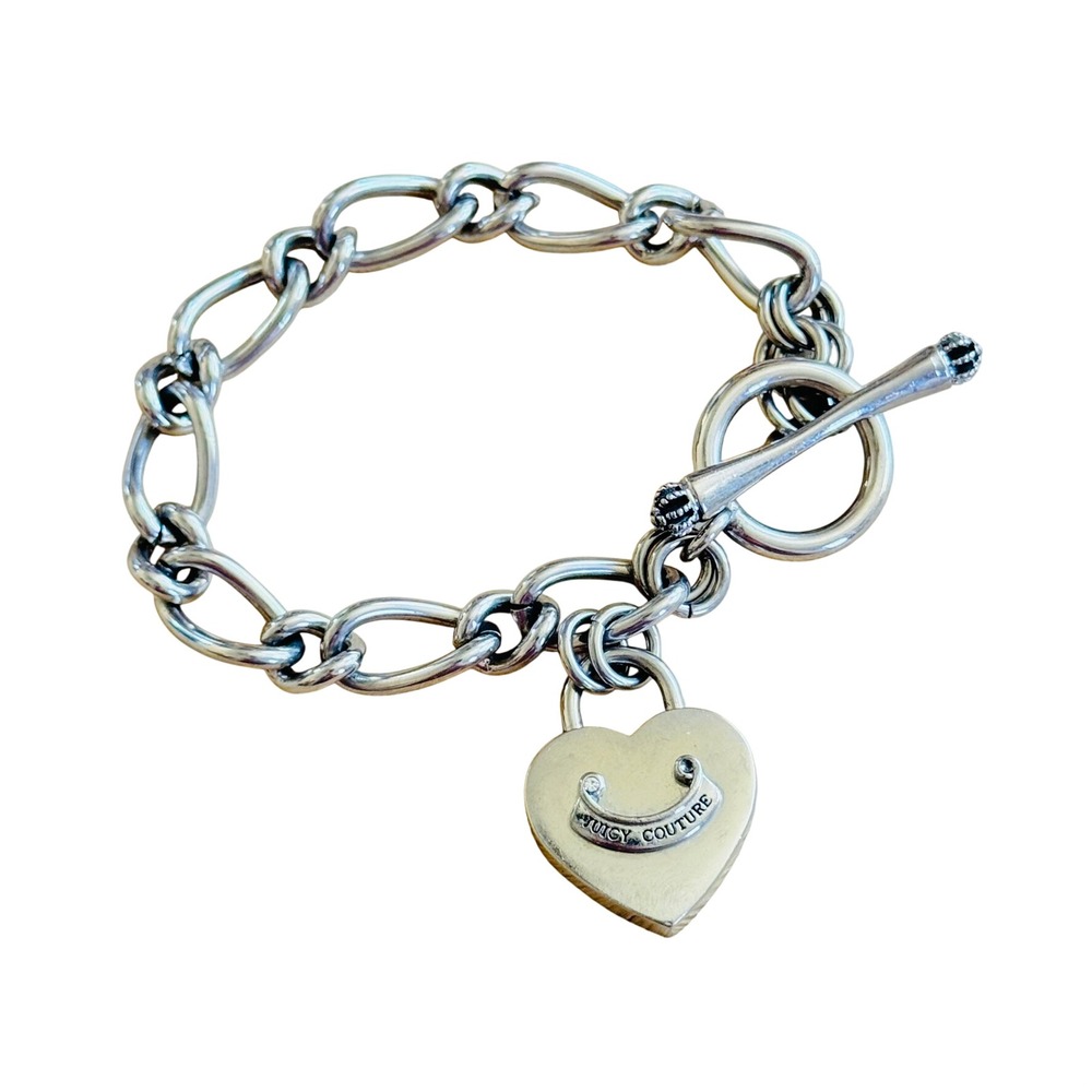 Juicy Couture Heart Starter Charm Bracelet Chain Royal Silver Chunky Y2K 7"